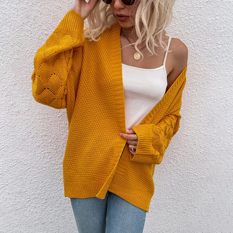 

2021 Autumn and Winter New European and American V-neck Cardigan Solid Color Mid-length Hollow Sweater for Women