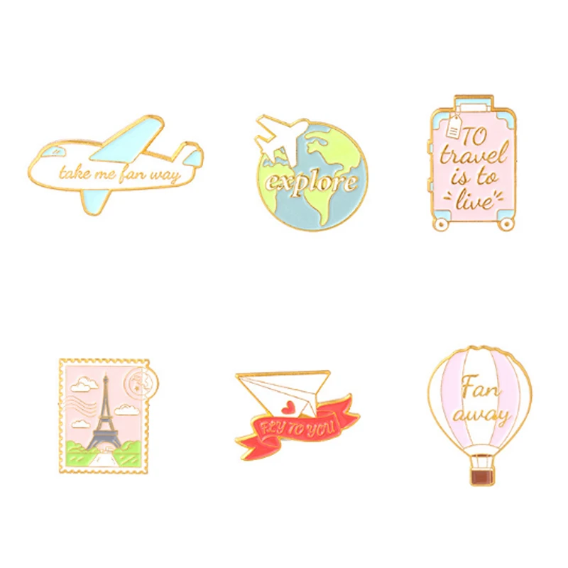 

Travel Round the Wrold Explore Enamel Pins Postage Suitcase Airplane Brooch Lapel Badge Bag Cartoon Journey Jewelry Gift for Kid