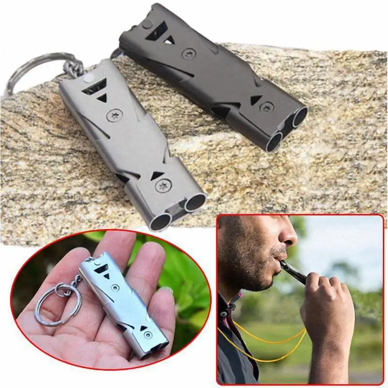 

Outdoor Survival Whistle High Decibel Double Pipe Whistle Tool Multi Emergency Alloy Steel Cheerleading Keychain D9Q4