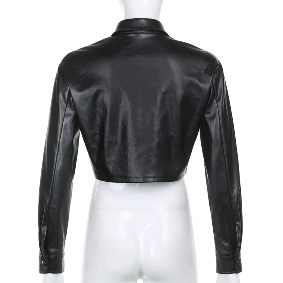 

High Quality Women'S 2020 Autumn Sexy Lapel Long Sleeve Pocket Button Slim Coat Black Pu Leather Motorcycle Party Short Coat