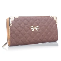 bowknot long womens wallet solid color lattice wristband zipper coin purses female metal frame card holder clutch money clip
