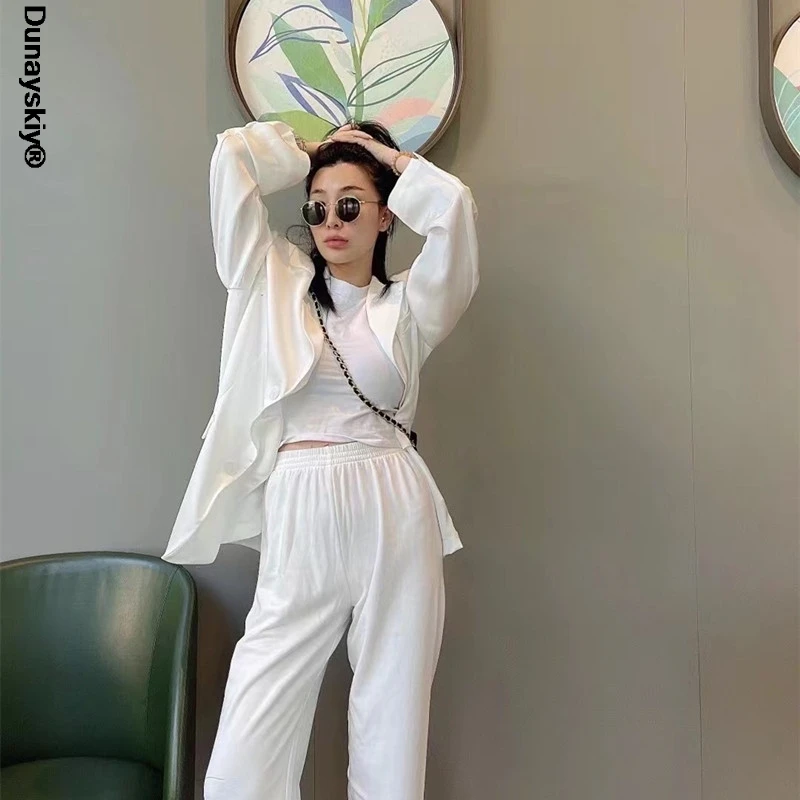 

Women 2021 Spring Autumn Black White Fashion Loose Jacket Coat Vintage Long Sleeve Female Outerwear Suit Blazers