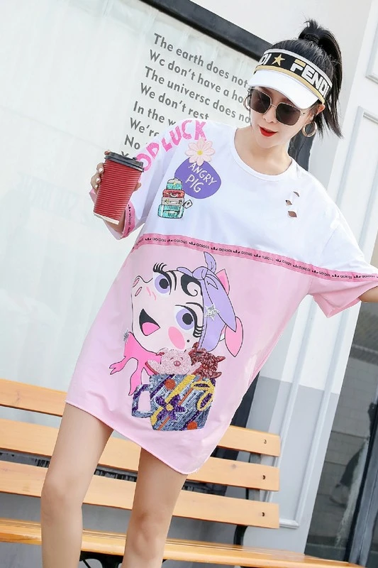 

2020 summer new large size hit color was thin hip hop sequins cartoon short-sleeved mid-length t-shirt female tide