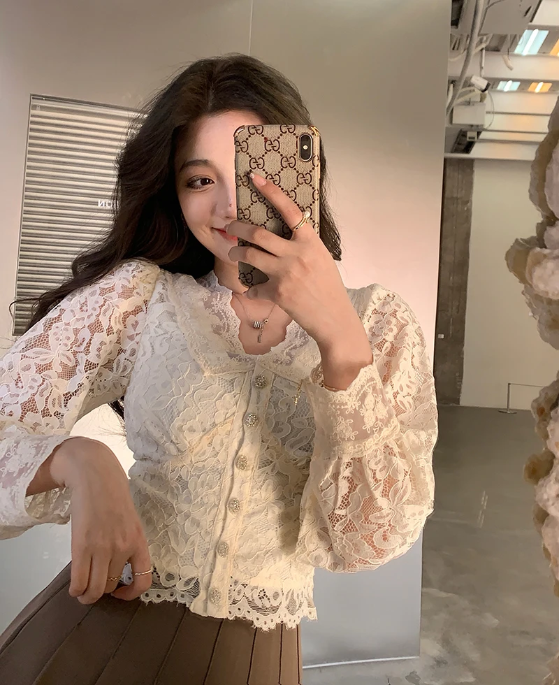 

Рубашка женская кружевная с длинным рукавом и V-образным вырезом, осень 2021