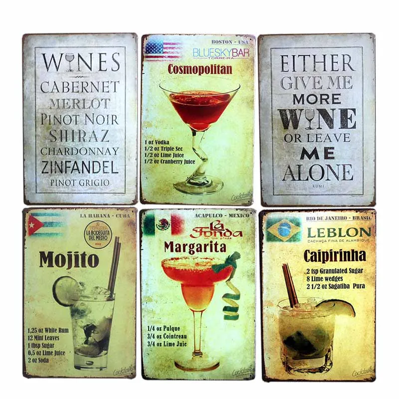 

Wine Sign Metal Plaque Vintage Cocktail Mojito Poster Cafe Decoration Pub Retro Wall Plate Decorative Home Decor 20x30cm