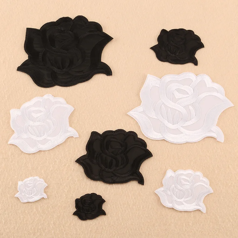 100pcs/lot Black White Rose Embroidery Patch Flower Dress Shirt Bag Curtain Bedding Shirt Clothing Decoration Accessory pplique