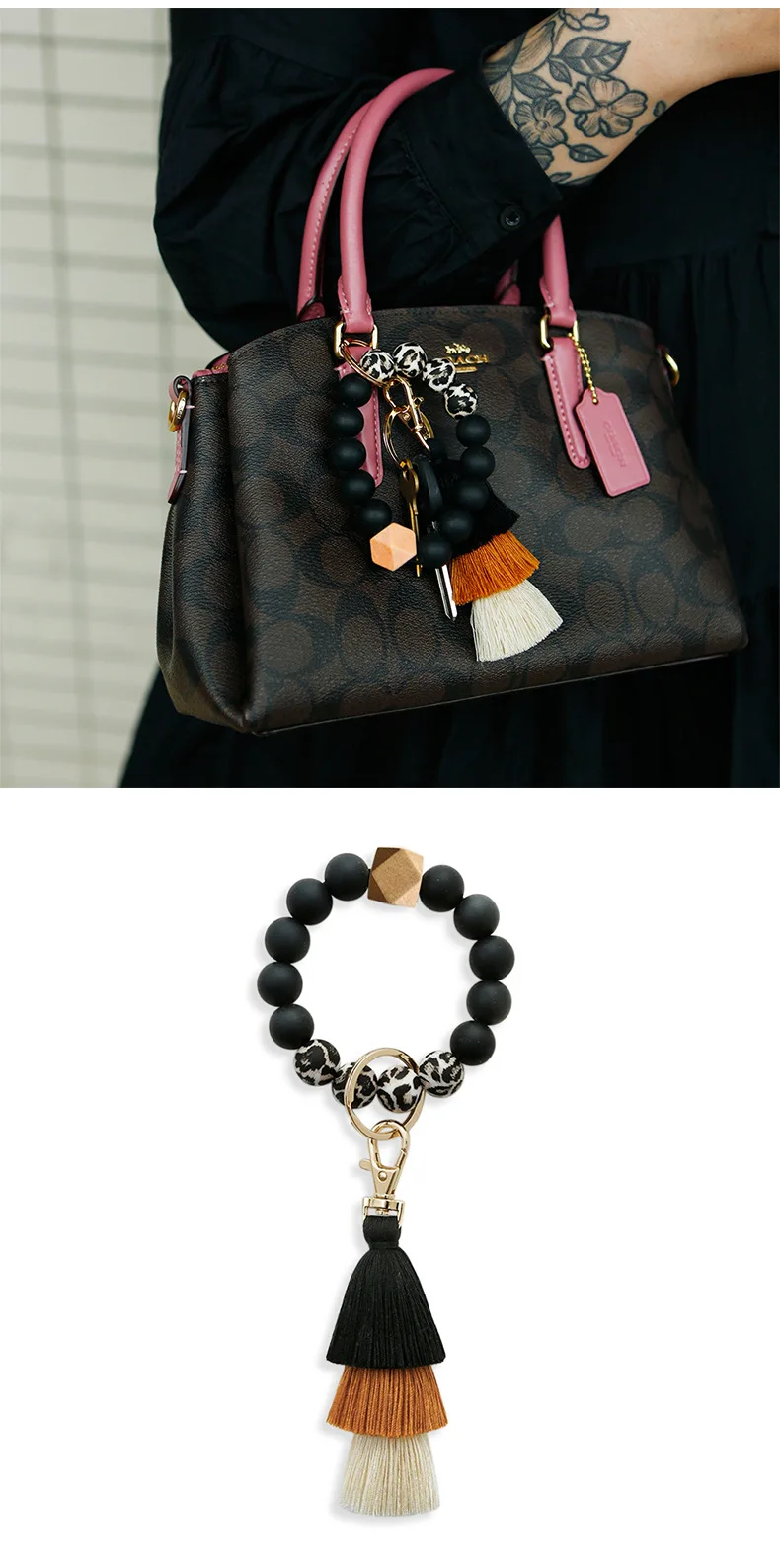 

Leopard Silica Gel Beads Bracelets Keychain for Women Men Simple Mixed Color Bead Bangle Tassel Key Ring Bag Accessoies Gifts