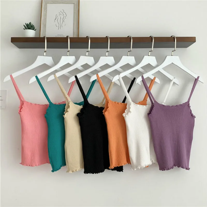 

Tops Women Summer Ruffles Knitting Camisole Sexy Crop Tops Female Club Tank Tops Ladies Sleeveless Solid Straps Bottoming Top
