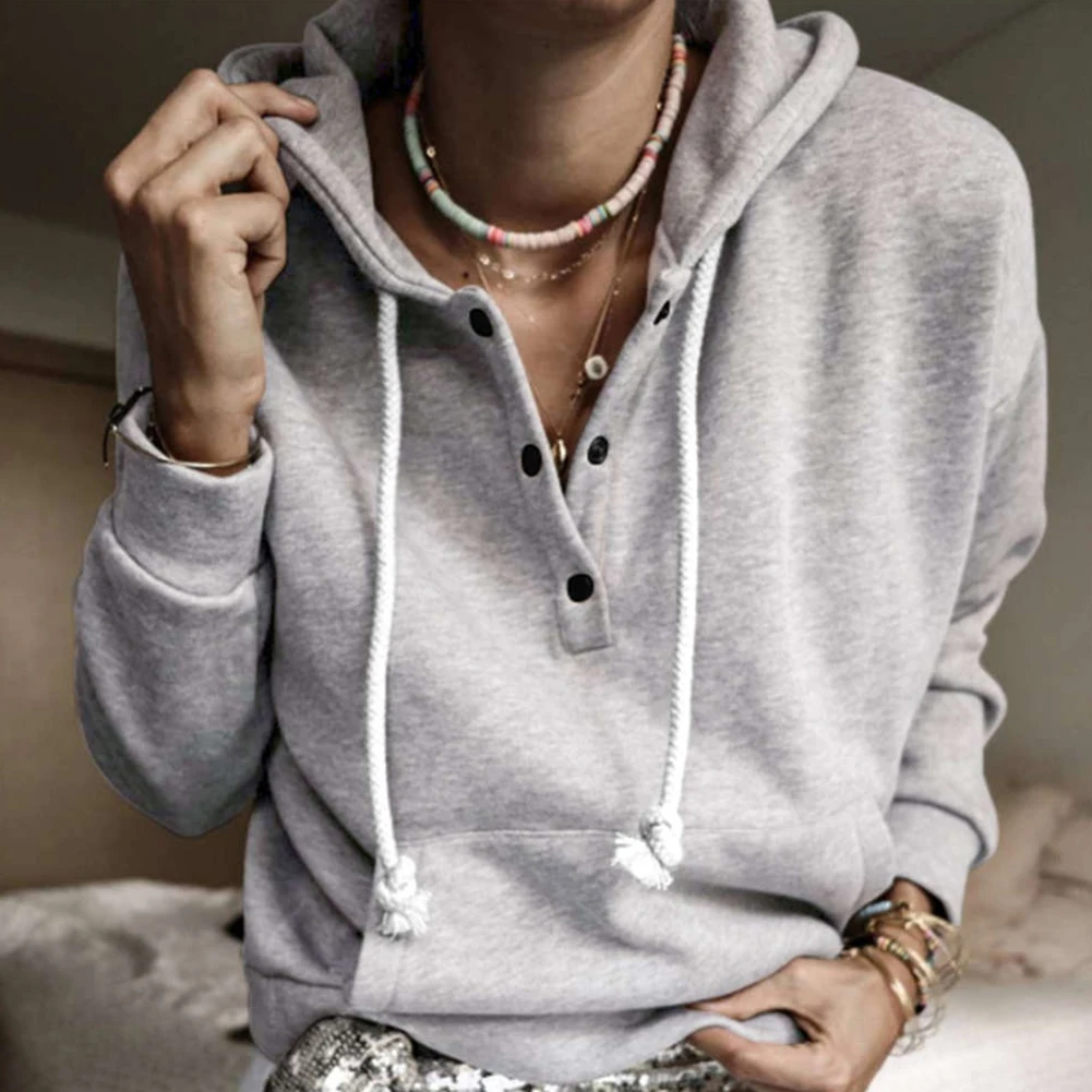 

Women Autumn Winter Solid Color Long Sleeve Drawstring Button Pocket Sweater
