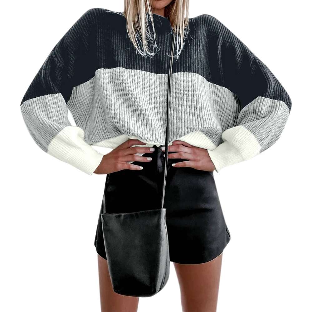 

Autumn Winter Color Block Sweater For Women Long Sleeve Round Collar Kintted Tops Fall Ladies Cothing Casual Loose New Pullovers