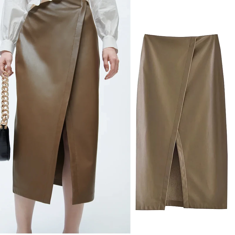 

Женская Юбка-миди из ПУ кожи, с высокой талией и разрезом