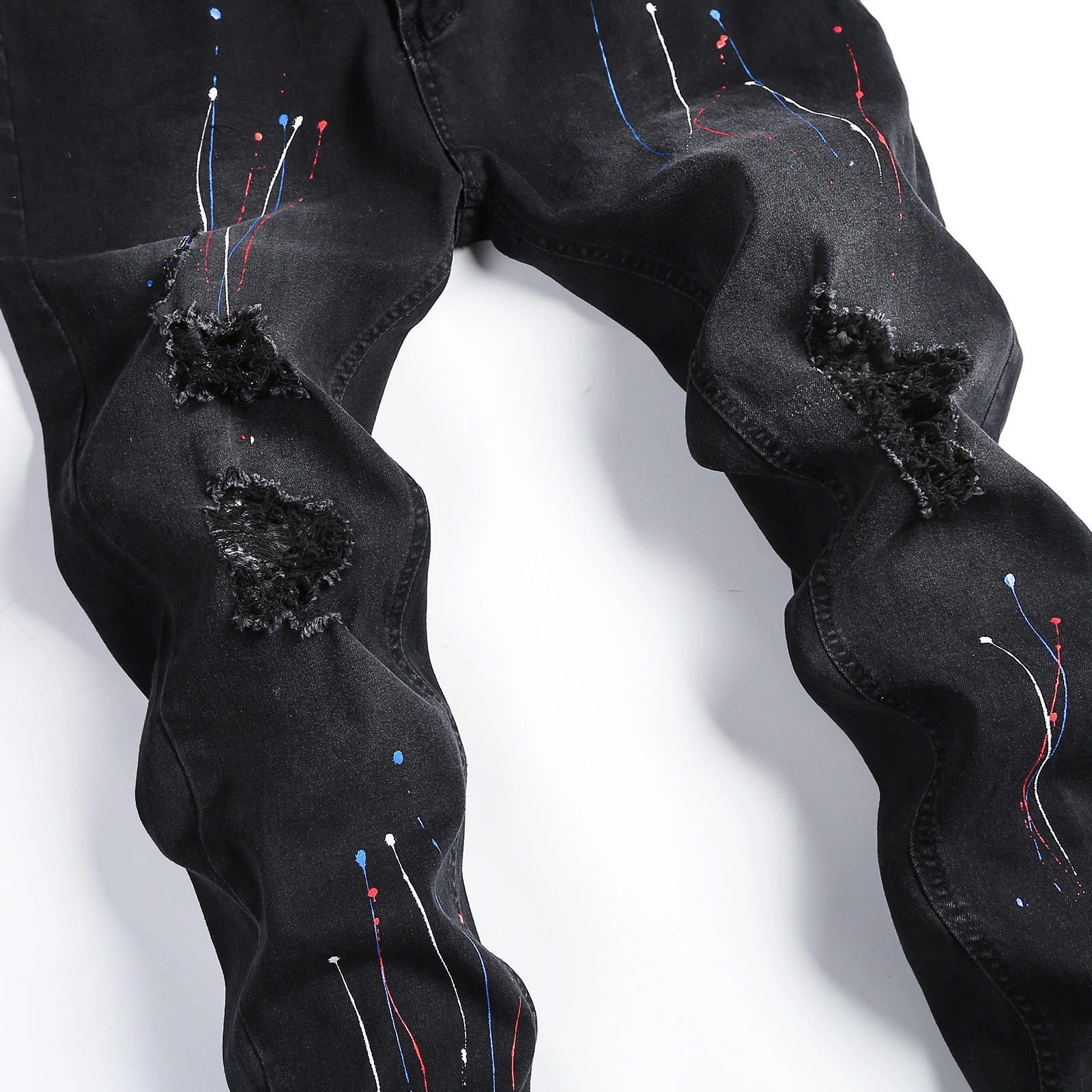 Men Skinny Jeans Oil paint Long Pencil Pants Ripped Jeans Slim Spring Hole Male Hip-hop Trousers Clothes