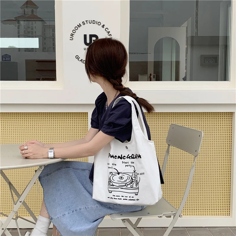 

Designer New Women Canvas Shopping Bag Snap Letters Print Female Shoulder Bag Eco Handbag Tote Reusable Grocery Shopper Bags