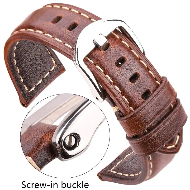 

Cowhide Watch Band Strap Women Men 20mm 22mm 24mm Genuine Leather Watchbands Black Red Dark Brown Bracelet Screw-in Pin Buckle