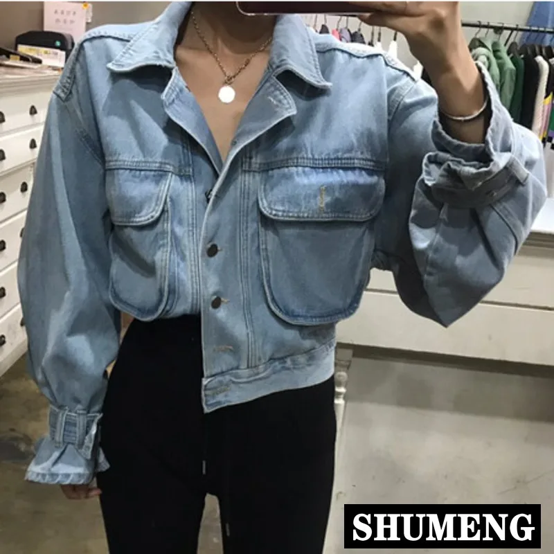 

Женская короткая джинсовая куртка, однобортная свободная укороченная куртка из денима с карманами, длинным рукавом и высокой талией, осень ...