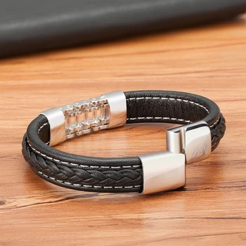 XQNI Luxury Style Stainless Steel Cubic Zirconia Black Leather Men's Leather Bracelet Black/Steel For Birthday Party Gift 3