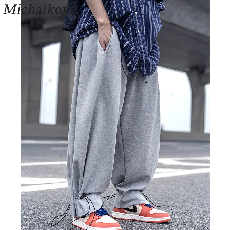 Брюки мужские оверсайз на шнуровке Харадзюку тёмные брюки султанки с эластичным