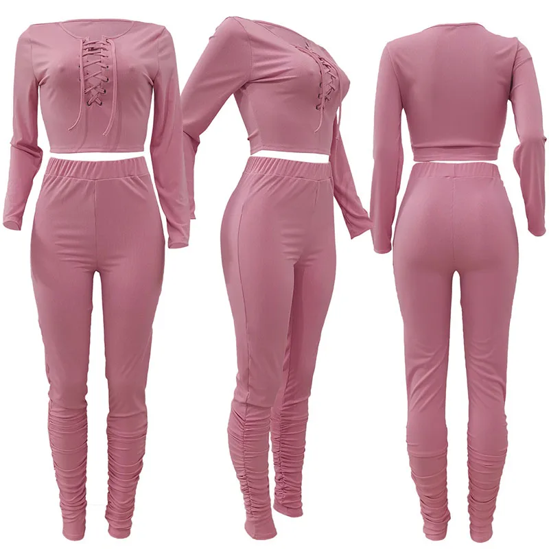

Autumn Woman Casual Suit Solid Color Ribbed Long-sleeved Tie Top and Leggings 2-piece Sets for Women