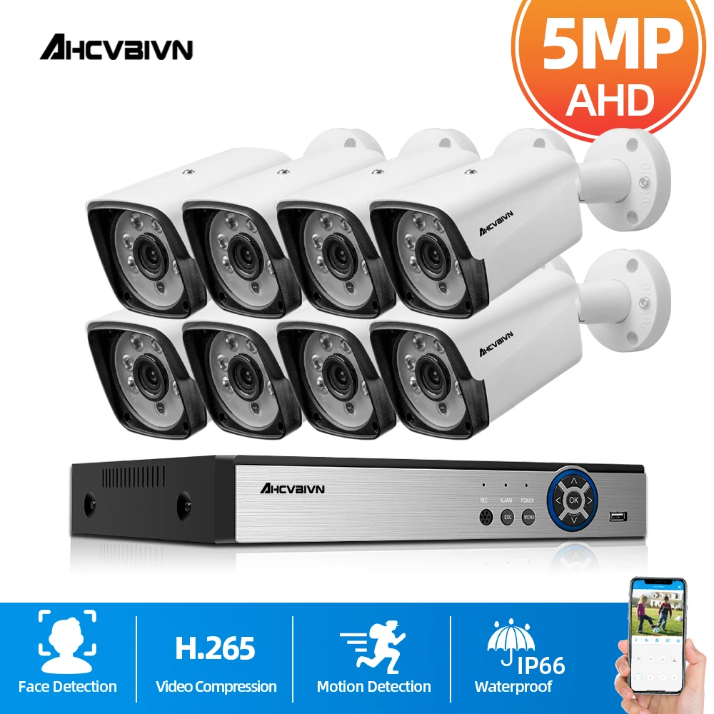 

H.265 8CH DVR Kit Home Security Surveillance Alarm System 5MP AHD 8CH CCTV Outdoor Waterpfoof AHD Motion Face Detection Camera