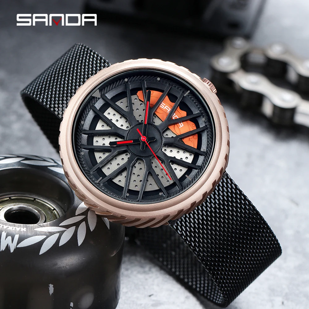 SANDA Мужские кварцевые часы креативный 3D циферблат колеса автомобиля сетка
