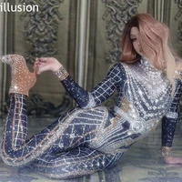 sparkly rhinestones crystal jumpsuit women long sleeve spandex nightclub bar prom party outfit singer jazz dance stage costume