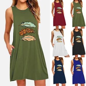dress Fashion Womens O-Neck Pocket Printing Sleeveless Casual Nightdress Dresses Nightdress Dresses Vestidos Verano платье Mujer