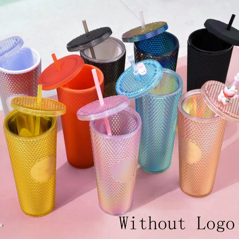 

710ml Coffee Cup Summer Holiday Cold Water Mug Tumbler Cup With Straw Double Layer Plastic Durian Diamond Radiant Goddess Cups