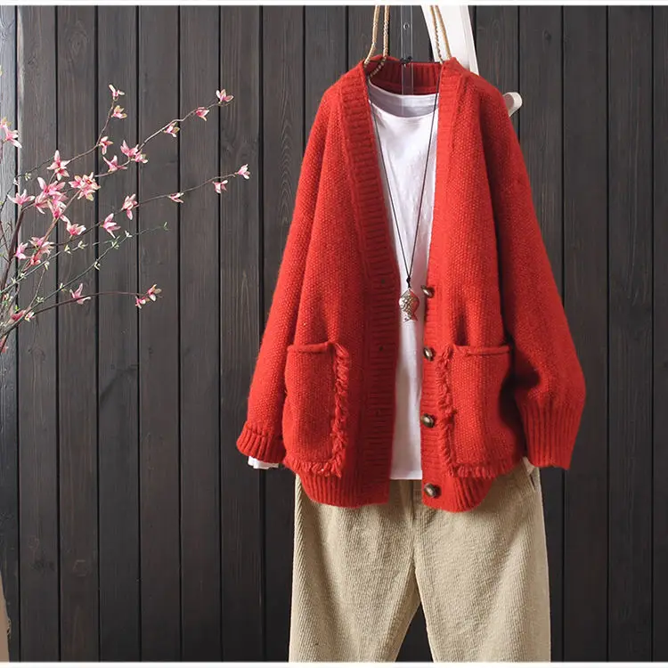 2021 autumn and winter sweater cardigan women's loose Korean style knit sweater thick big pocket jacket  knitted cardigan