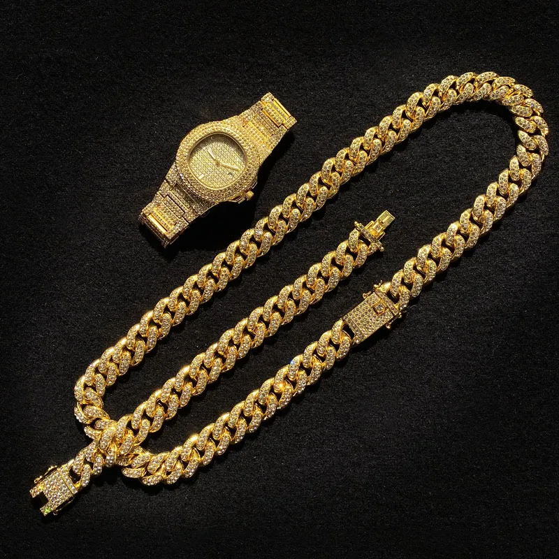 Хип хоп кубинский колье набор часов 12 5 мм золото ледяной кристалл Рэп певица цепи