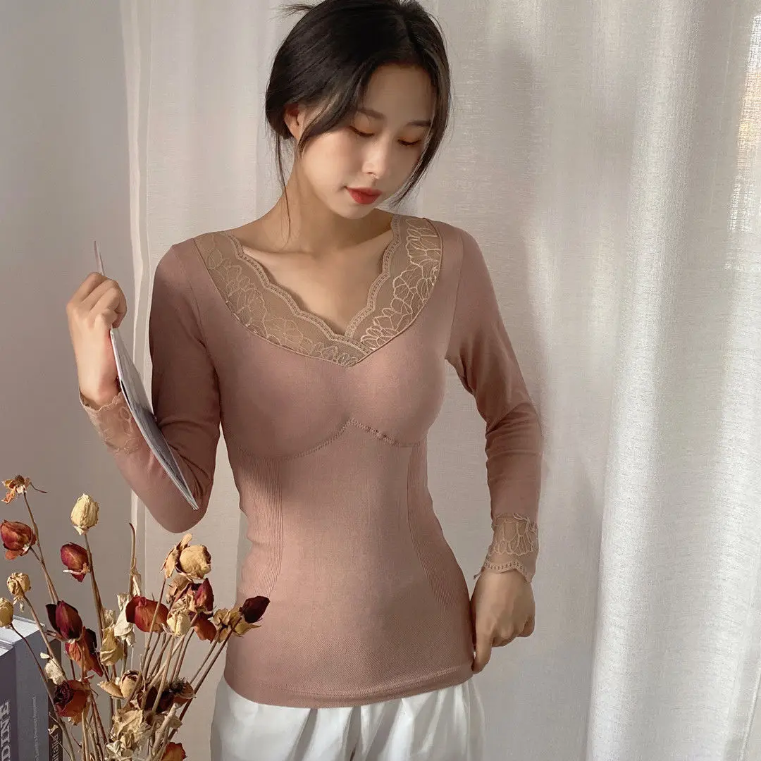 Women 2021 Autumn Winter Fashion Thermal Underwear Tops Female Thick Warm Lace Tops Ladies V-Neck Body Slim Shaper Tops M887
