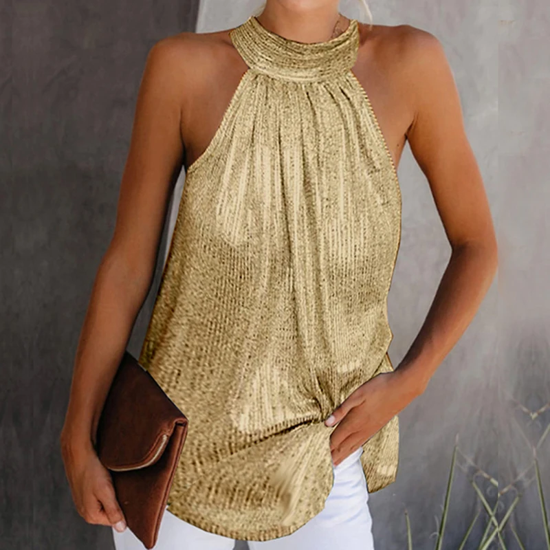 Womens Fashion Shiny Halter Neck Tank Tops Vest Ladies Summer Casual Solid Color Sleeveless T Shirt Blouse Black Gold
