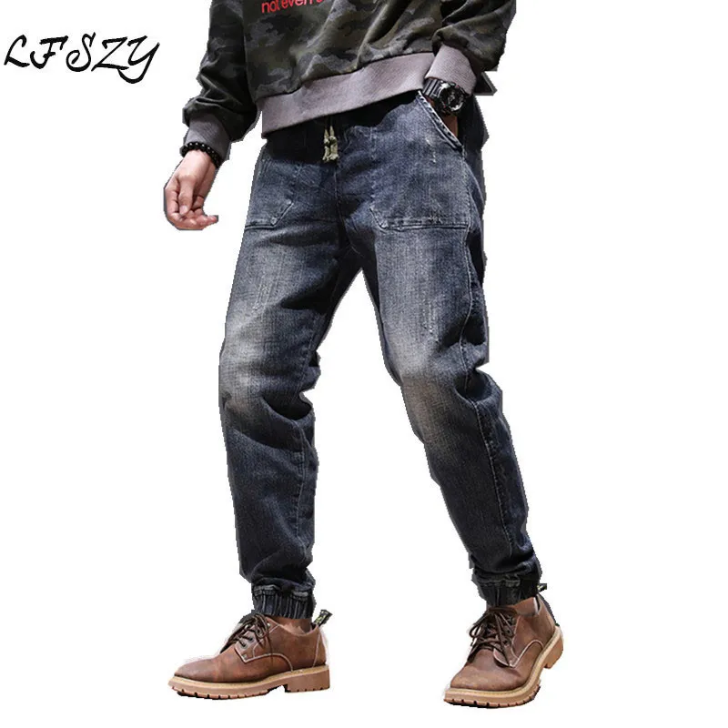 

Autumn and Winter New jeans Men's youth Elastic waist Strap Japanese Retro Loose Straight Harem pants More size 28-40 42