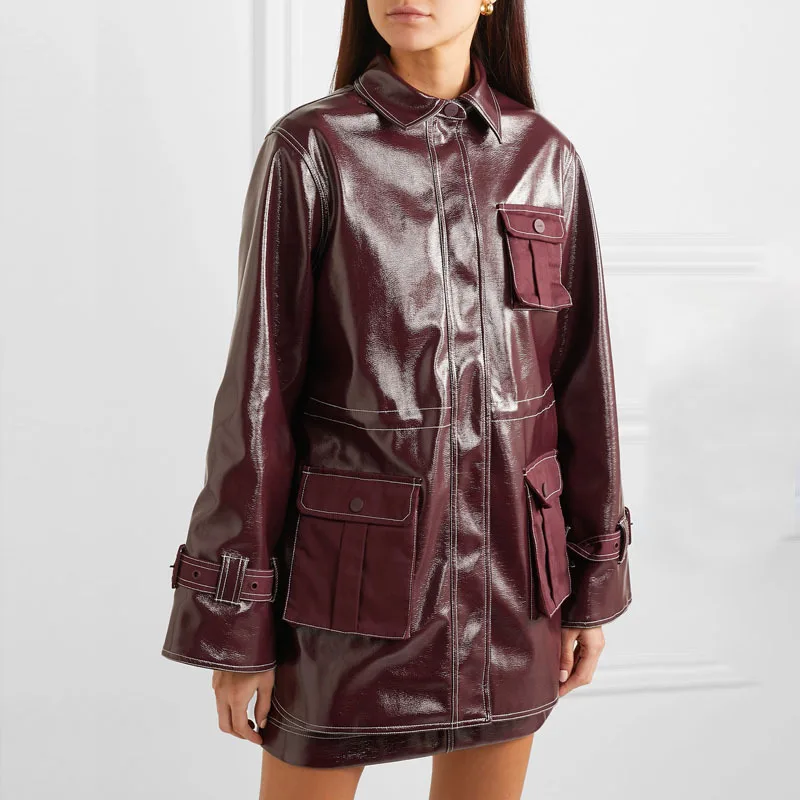 

Куртка женская демисезонная из искусственной кожи, с карманами и регулируемой талией