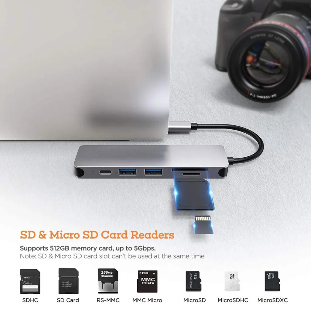 6 в 1 USB C концентратор для MacBook Pro Тип адаптер многопортовый SD кард ридер с