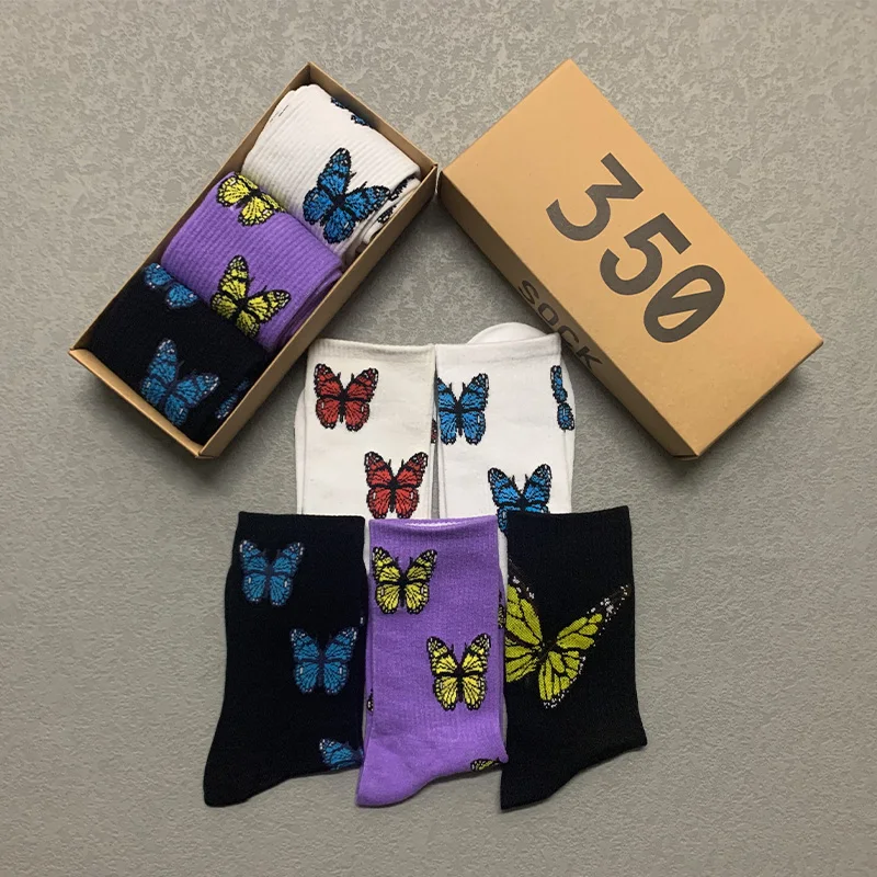 3 Pairs/Box Kawaii Cartoon Butterfly Stockings Cotton Harajuku White Print Bow Fashion Pack Gift Streetwear Men Women Long Socks