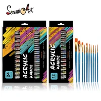 seamiart 1224 colors acrylic paint set 12ml tube with 10pcs painting brush for wall cloth shoes diy art supplies for artist