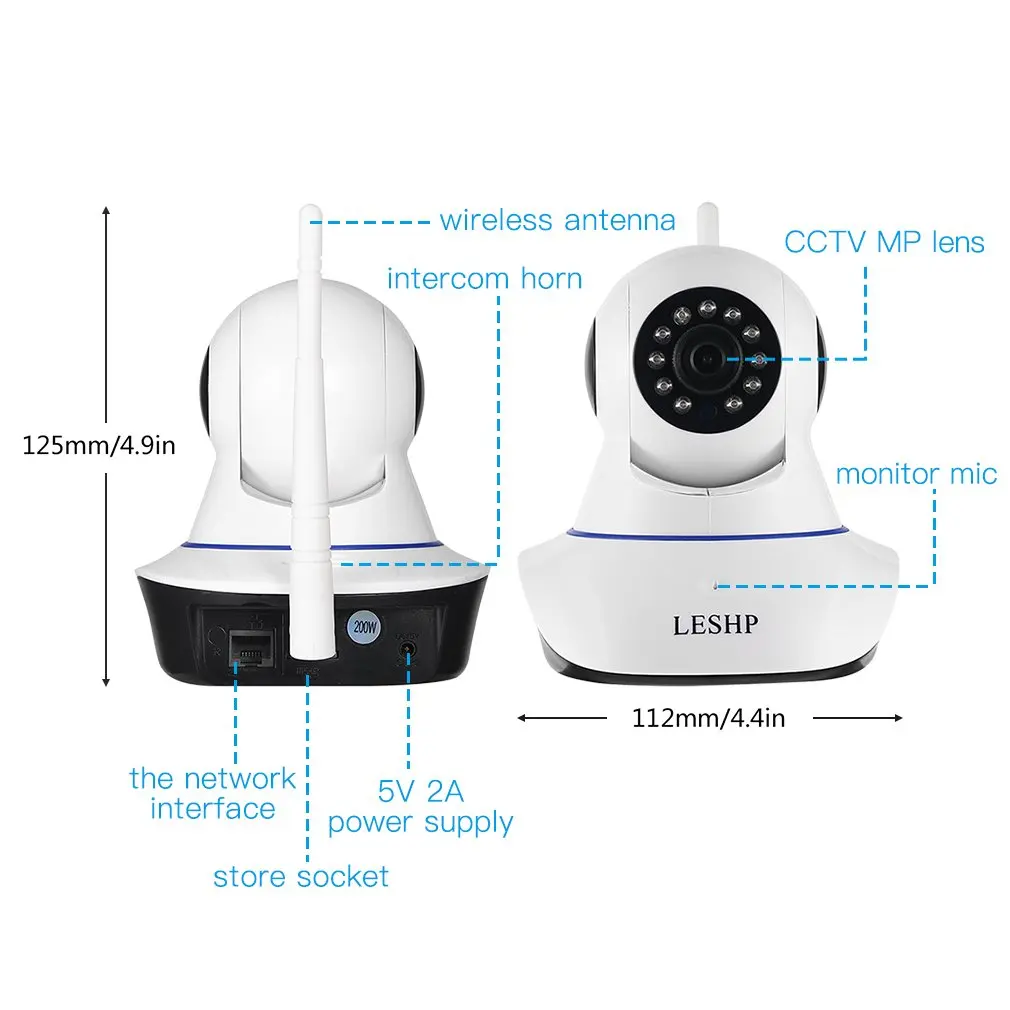 

LESHP Indoor HD 1080P Wireless Network IP Alarm Camera 2MP 1920 * 1080 Plug & Play Night Vision 4pcs Infrared LED