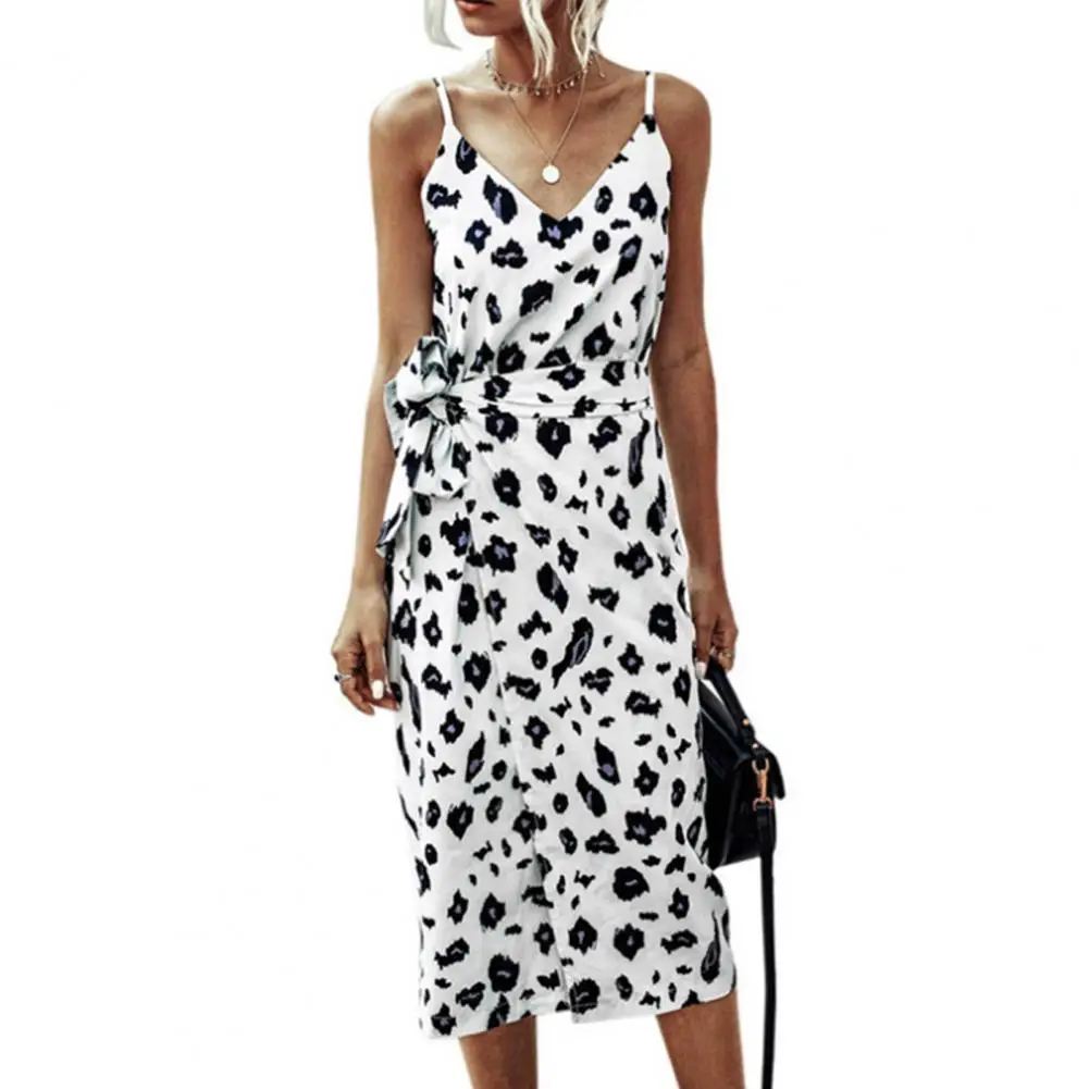 

Bow Women Dress Leopard Print Split Sleeveless Tie Waist Beach Apparel Elegant Party Dress Summer