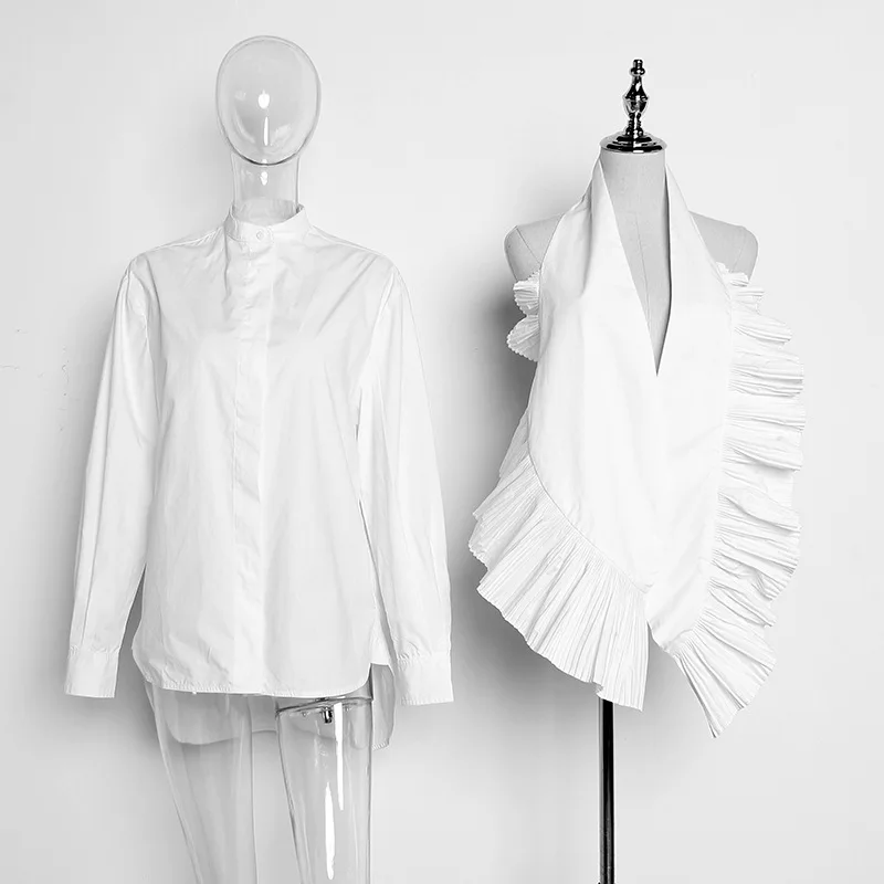 

Future Time Spring New Fashion Irregular White Blouse Casual Fashion Pleated Decorative Tops Female Design Women Cotton Blusas