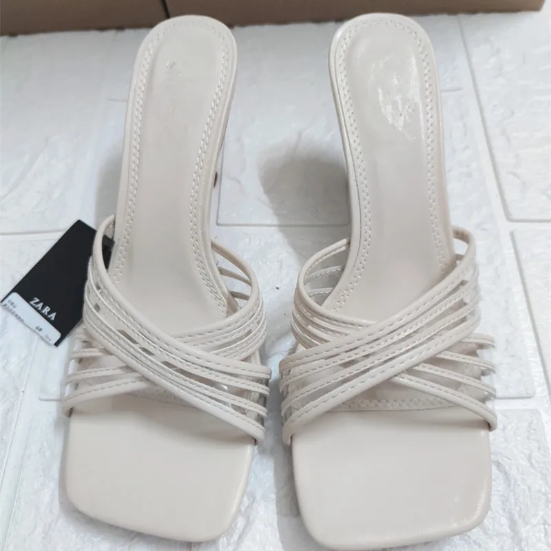 

Женские сандалии на высоком каблуке, бежевые шлепанцы с квадратным носком, лето 2021