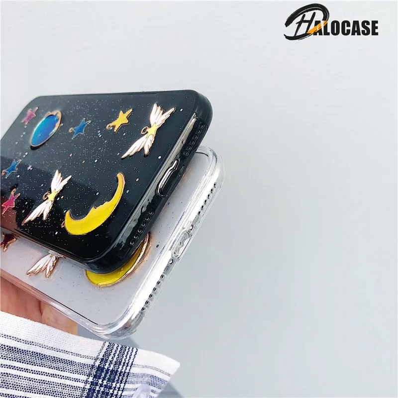 

Glitter Bling Moon Star Epoxy Phone Case For iPhone XS XR XS Max 6 6S 7 8 Plus X Transparent Soft TPU Phone Back Cover Capa Gift
