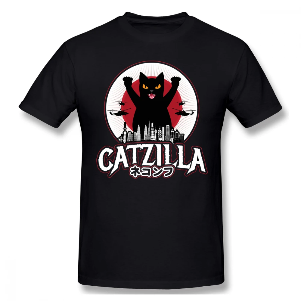 Ретро Catzilla японский Смешные для кошек и котят Lover футболка Camisetas большой Размеры