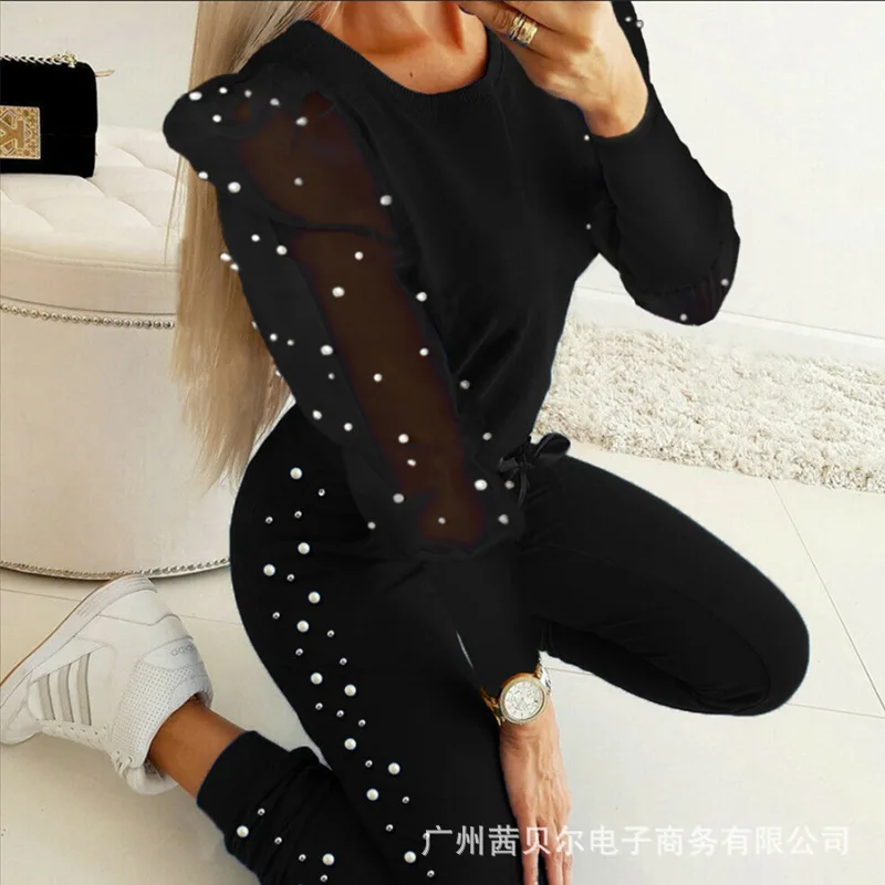 

WEPBEL Women's Casual Long Sleeve Mesh Strapless O-Neck Top + Lace-up Pencil Pants Suit Autumn Sexy Solid Color Beading Suit