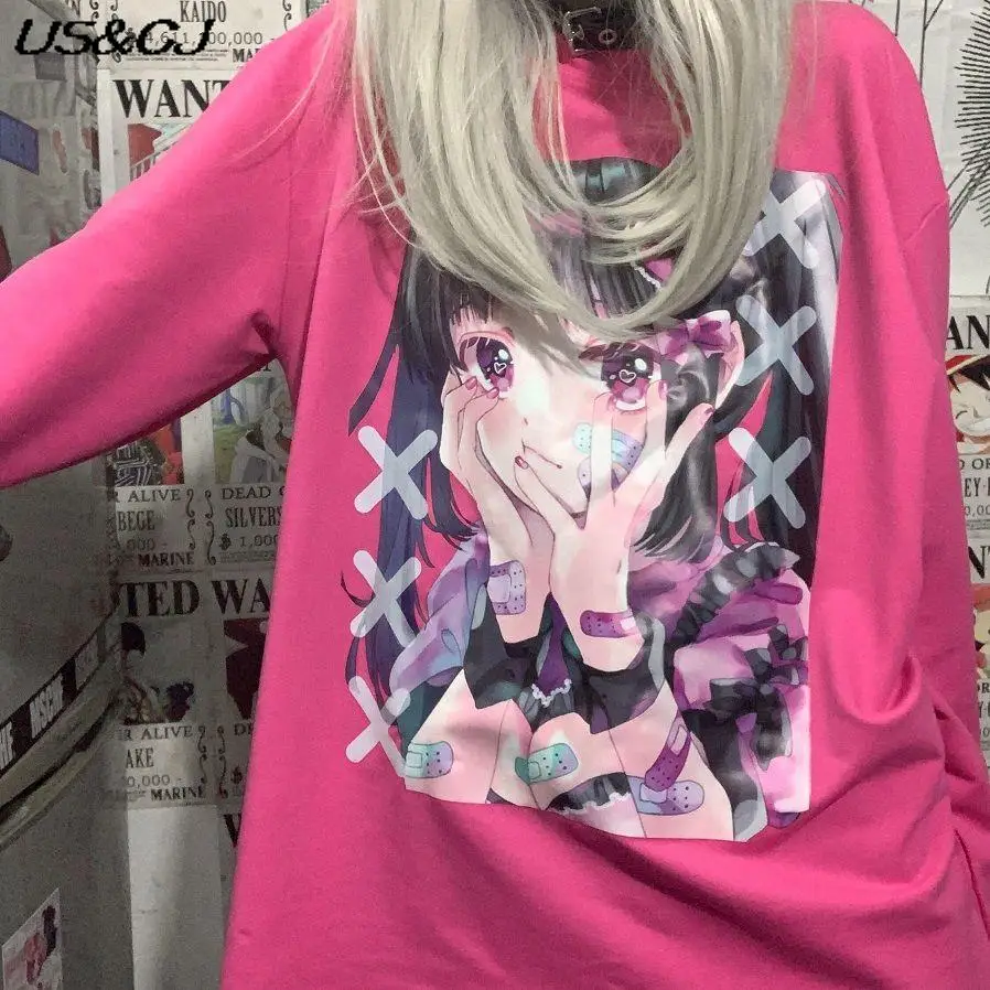 

Футболка с длинным рукавом и принтом кавайной девушки из японского мультфильма, универсальные свободные топы в стиле Харадзюку, Y2K, милая Ст...