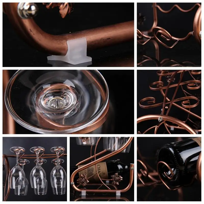 

Wine Rack Stand Drinking Glasses Hanging Bronze Iron Multi-Function Stemware Rack Shelf Wine Bottle & Glass Cup Holder Display
