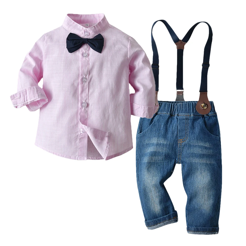 

Tem Doger Kids Boys Clothes Set Cotton Striped Bow Tie Long Sleeve Shirt+Suspender Jeans Outfits Childrens Casual Costumes