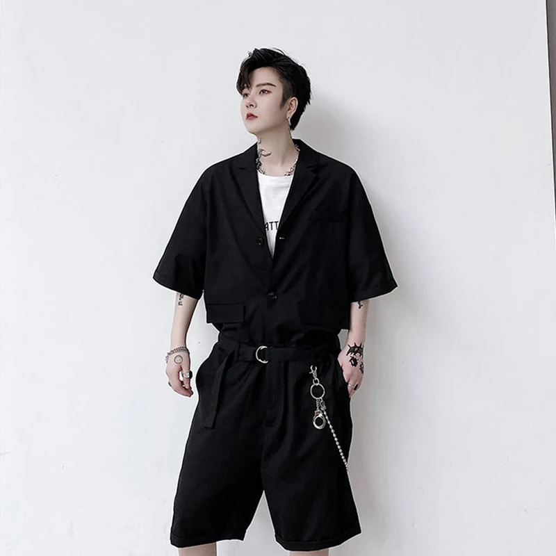 One piece suit hip hop summer work clothes short sleeve one suit one piece street style retro Japanese shorts for men and women