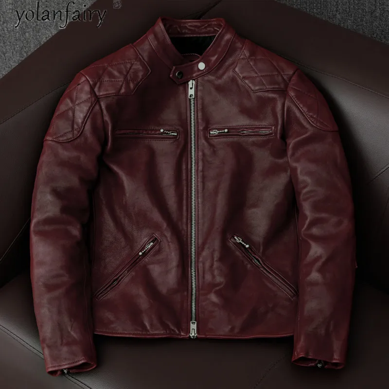 

Vintage Leather Jacket Men Streetwear Motorcycle Jackets Men's Sheepskin Coat Sand Collar Red Mens Clothing Blouson Cuir Homme