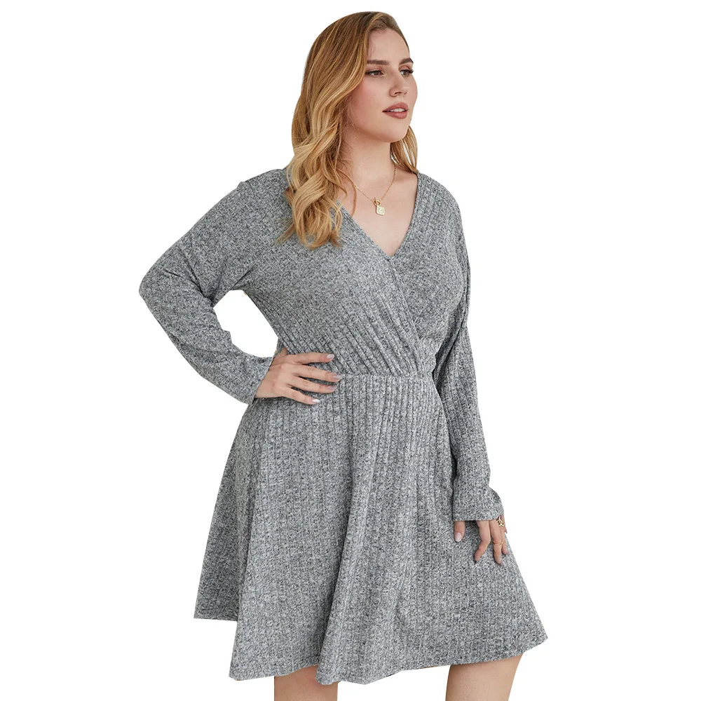 

WANYUCL 2021 Fall Loose Dress Women's V-neck Plus Fertilizer Enlarged European and American Dress Large Size Women's Clothing