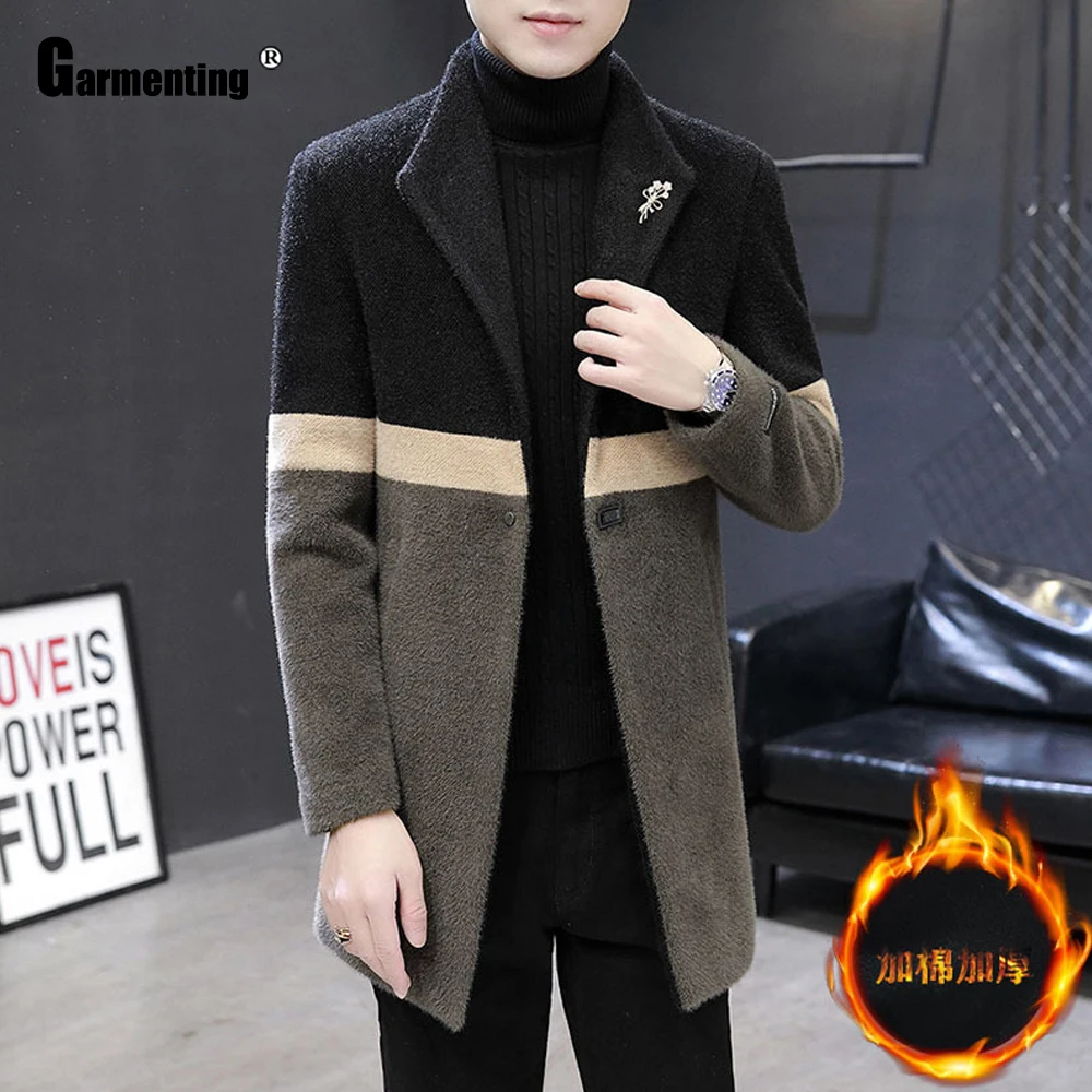 

Garmenting Mens Wool Blends Long Coats Kpop Young Lepal Collar Jackets Winter Outerwear with Velvet 2021 Patchwork Men Clothing